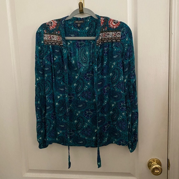 Billabong Mixed Media Long Sleeve Top Women’s Small Paisley Floral Peasant Boho - Picture 1 of 7